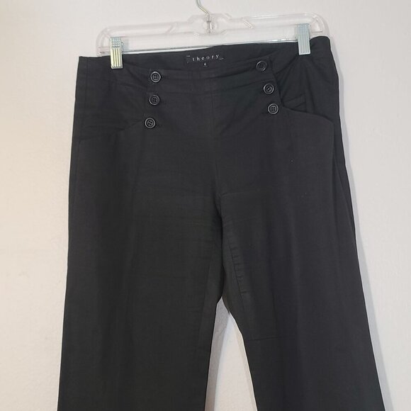 Theory Cotton Twill Flare Leg Pant Black Double Side Button Placket Front Size 6 - Picture 2 of 7